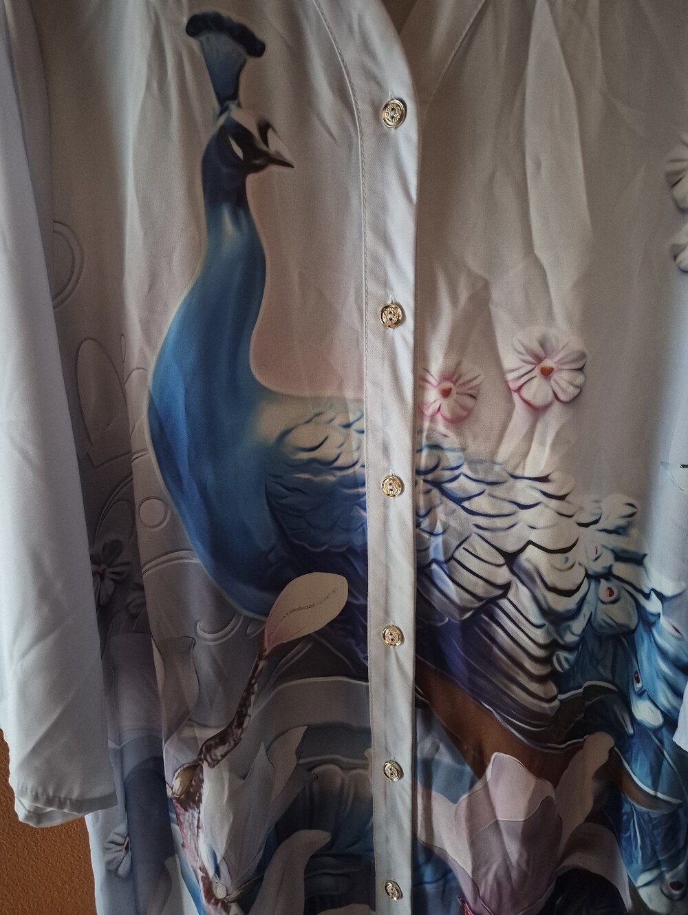 Blue Peacock Print Button-Up Blouse